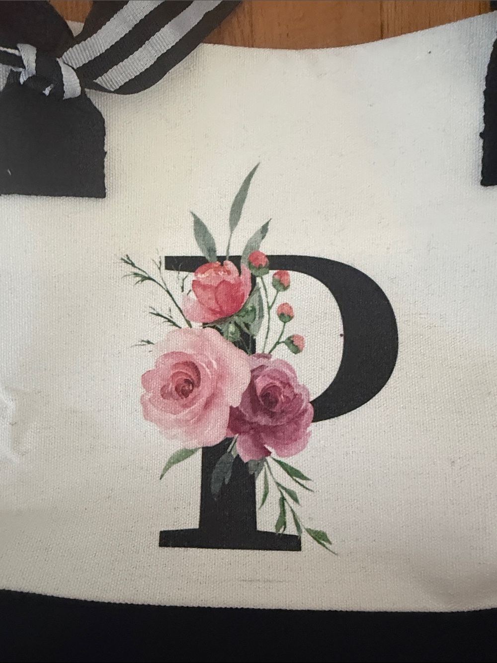 NWT - Canvas Floral Initial Tote Bag - Black & White - Picture 5 of 5